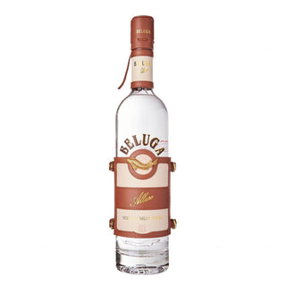 A clear glass 700ml bottle of Beluga Allure Vodka features a brown leather label with gold text and a metal emblem, promising notes of honeyed sweetness, set against a white background.