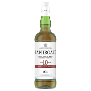 A bottle of Laphroaig 10 Year Old Sherry Oak Finish Single Malt Scotch Whisky with a white label, red accents, and green glass, featuring “1815,” delivers notes of peat smoke and sherry sweetness.