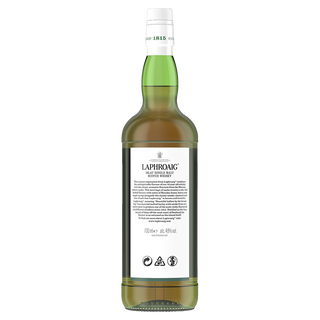 A bottle of Laphroaig 10 Year Old Sherry Oak Finish Single Malt Scotch Whisky, shown from the back with a white label. Its tall green neck and clear body reveal amber liquid, suggesting peat smoke and sherry sweetness within.