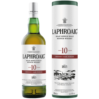 A bottle and cylindrical box of Laphroaig 10 Year Old Sherry Oak Finish Single Malt Scotch Whisky with white labels, black and red text, gold accents, and packaging emphasizing peat smoke, sherry sweetness, and the distillery’s 1815 date.