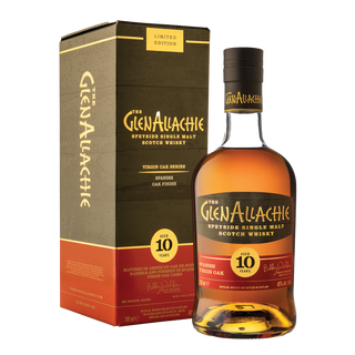 A bottle of GlenAllachie 10 Year Old Spanish Virgin Oak Single Malt Scotch Whisky stands by its green and gold limited edition box, highlighting notes of sticky toffee pudding and baking spices.