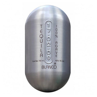 A sleek metallic, capsule-shaped bottle of 17.02.09 Organic Blanco Tequila 700ml (100% Agave, 40% Alc. Vol.), with "BLANCO" elegantly embossed vertically on its surface.
