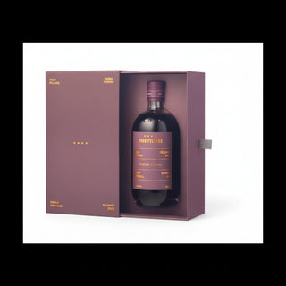 Four Pillars Yarra Yelding single malt single barrel sherry wine in a dark glass bottle, presented inside a matching mauve-colored gift box.