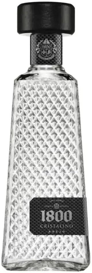 Clear glass bottle with black cap and '1800' label on a white background