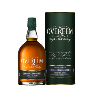 A bottle of Overeem Bourbon Cask Matured – Distiller’s Strength Tasmanian Single Malt Whisky, with vanilla caramel notes, stands beside its green cylindrical packaging, both adorned with gold and white lettering.