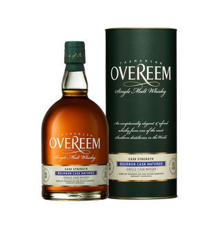 A bottle of Overeem Bourbon Cask – Cask Strength Tasmanian Single Malt Whisky stands beside its dark green box, both labeled accordingly. The whisky offers malt oak and vanilla citrus notes, and features a distinctive green wax cap seal.