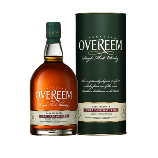 A bottle of Overeem Port Cask Matured – Cask Strength Tasmanian Single Malt Whisky stands beside its matching green cylindrical packaging with gold, white, and red Tasmanian branding—hinting at butterscotch and spiced dried fruit notes.