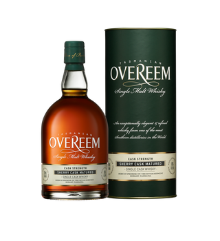 A bottle of Overeem Sherry Cask Matured – Cask Strength Tasmanian Single Malt Whisky stands beside its matching green box, both labeled in gold and white, suggesting rich notes of dark chocolate and stewed fruits.