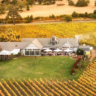 A large building surrounded by vineyards with people gathered on the lawn.