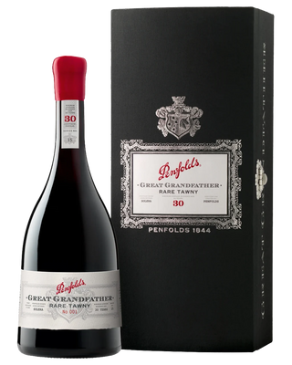 Penfolds Great Grandfather Rare Tawny wine bottle and packaging on a white background