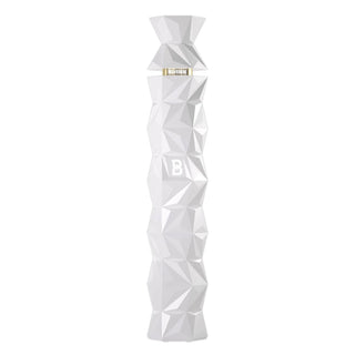 White geometric sculpture with a brand logo on a white background