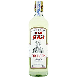 Cadenhead's Old Raj Dry Gin 700ml comes in a clear glass bottle with a white label showing a man in a turban and uniform. Infused with saffron and juniper, this gin is 46% ABV and topped with a gold and blue cap.