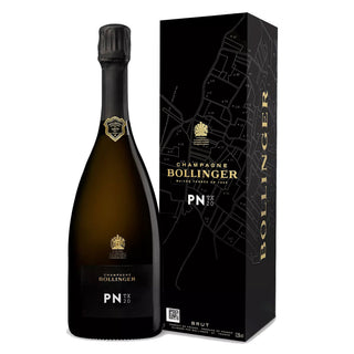 A bottle of Bollinger PN TX20 Champagne stands beside its black gift box adorned with gold text and a map-like design. The dark foil-topped bottle has a gold-accented label, evoking hints of chalky minerality and ripe orchard fruits inside.