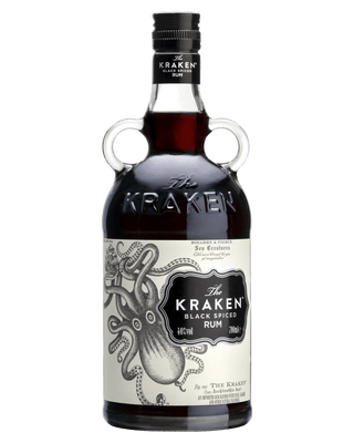 The Kraken Black Spiced Rum 700ml bottle with dark black rum and vintage label featuring sea monster illustration.