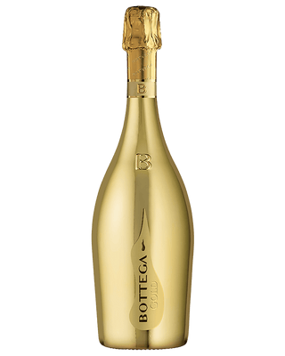 Gold Prosecco 750ml sparkling wine bottle with metallic gold finish and Italian prosecco inside.