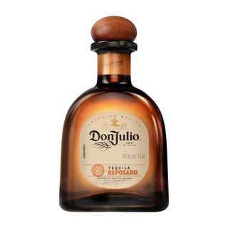 Don Julio Reposado Tequila 50ml features a wooden cap and golden brown label, offering smooth honeyed agave flavors with subtle vanilla hints.