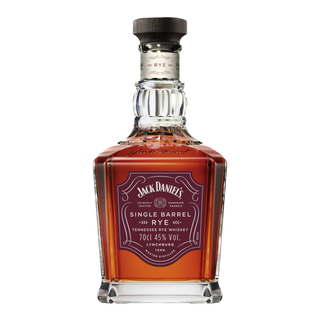 A square bottle of Jack Daniel’s Single Barrel 4 Year Old Rye Whiskey with a black cap, silver neck label, and purple front label showing 70cl and 45% ABV, delivering notes of vanilla and toasted oak.