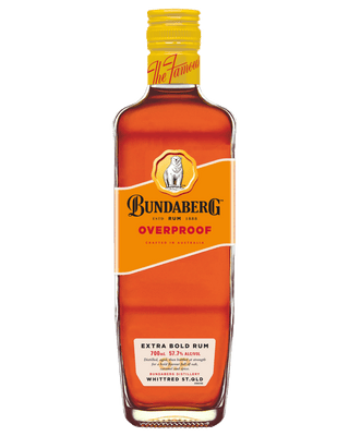 Bundaberg Original Rum Overproof 700ml bottle with dark amber rum, square bottle shape and polar bear label.