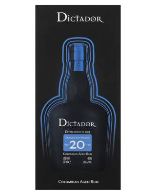 Dictador 20 Year Old Colombian Rum 700ml bottle with dark amber rum and premium rounded glass design