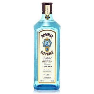 A 1L blue glass bottle of Bombay Sapphire London Dry Gin with a white and gold label, blue cap, and rectangular shape; a renowned gin known for its botanical blend of juniper berries and citrus zest.