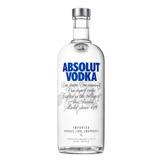 Absolut Vodka 1L features a clear glass bottle with a silver cap. The label shows blue and black text, including ABSOLUT VODKA and product details. This smooth vodka offers a refined texture, presented on a white background.