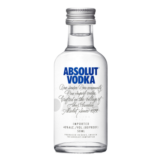 A 50ml clear glass bottle of Absolut Vodka with a silver cap. The label features the brand name in blue, highlights its Swedish origin, and notes its smooth taste and 40% alcohol content.