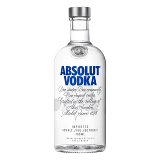 Absolut Vodka 700ml comes in a clear glass bottle with a silver cap and blue and black label text. Filled with clear liquid, it features clean grain aromas and a soft winter wheat character against a plain white background.