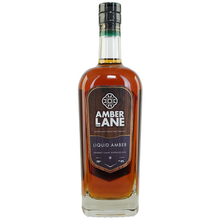 A bottle of Amber Lane Liquid Amber Australian Single Malt Whisky with a dark label, white and copper text, and black cap sits on a plain white background—ideal for those who appreciate notes of roasted macadamias and ripe fruits.