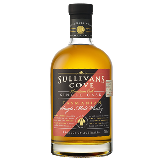 A 700ml bottle of Sullivans Cove American Oak Second-Fill TD0462 Single Malt Whisky, Australian release, features a black and gold label with red accents, a black cap, and notes of vanilla and orchard fruits.