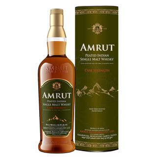 A bottle of Amrut Peated Cask Strength Indian Single Malt Whisky stands by its dark green cylindrical box, both featuring gold and white text with mountain designs, reflecting the smoky and rich peat character of this whisky.