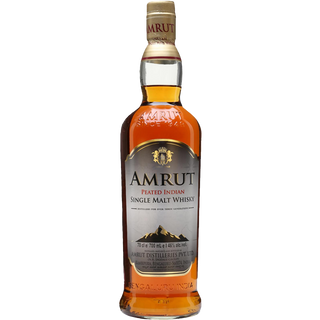 Amrut Peated Indian Single Malt Whisky—renowned for its smoky character and notes of sweet malt—comes in a bottle with a gold and white label featuring mountain graphics and detailed brand information.
