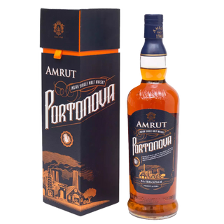 A bottle of Amrut Portonova Indian Single Malt Whisky stands beside its black and orange box, both adorned with refined gold and white lettering, capturing the spirit’s rich fruit notes and subtle oak character.