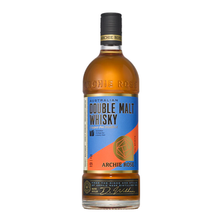 Archie Rose Australian Double Malt Whisky bottle with black cap and blue, orange, and gold label reading "Double Malt Whisky" stands against a white background; the label hints at baking spices and tropical fruit notes.