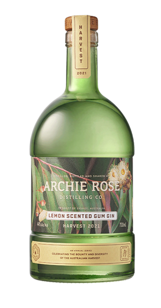 Green bottle of Archie Rose Lemon Scented Gum Gin on a white background