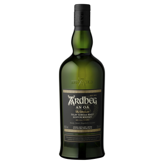 A green bottle of Ardbeg An Oa Single Malt Scotch Whisky with a black and gold label, celebrated for its smoky character, is shown on a plain white background.