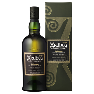 A bottle of Ardbeg Corryvreckan Single Malt Scotch Whisky is displayed beside its green and gold box, both featuring decorative swirls—a smoky whisky with notes of peat.