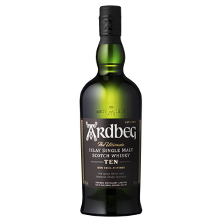 A green bottle of Ardbeg 10 Year Old Single Malt Scotch Whisky with a black label and cap, displaying white and gold text that emphasizes its smoky peat character and Islay heritage.
