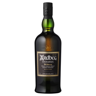 A dark green bottle of Ardbeg Uigeadail Single Malt Scotch Whisky with a black cap and a gold-and-black label, noted for its peaty smoke and sherry sweetness, shown on a plain white background.