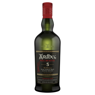 A green bottle of Ardbeg 5 Year Old Wee Beastie Single Malt Scotch Whisky with a red cap and black label—ideal for fans of bold earthy peat smoke and notes of cracked black pepper.