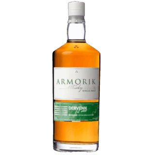 A clear glass bottle of Armorik Dervenn 10 Ans French Single Malt Whisky with amber liquid, white cap, and a white label accented in green. The label features “Dervenn,” reflecting the whisky’s subtle smoky notes and its 10-year aging.