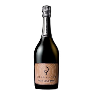 A dark glass bottle of Billecart-Salmon Le Sous Bois Champagne, with foil-wrapped top and beige label featuring a wood-grain pattern—suggesting oak ageing—is paired with 2 glasses, all set against a white background.