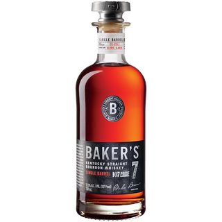 A bottle of Baker’s 7 Year Old Single Barrel Bourbon features a black label, silver cap, and amber liquid. The label reads “Single Barrel 107 Proof” with a bold “B” near the neck. Savor notes of vanilla and toasted oak in every sip.