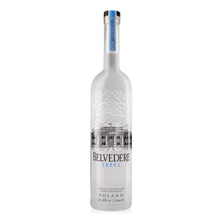 Belvedere Vodka 3L comes in a tall frosted glass bottle with a blue label, adorned with a palace illustration and white tree branches. This Polish vodka offers a smooth palate and delicate floral aromas.