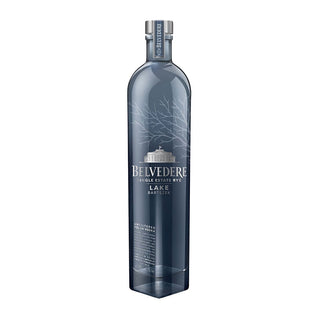 Belvedere Single Estate Rye Lake Bartezek Vodka 700ml comes in a clear glass bottle with a silver cap, frosted tree branch design, and a white label featuring a building illustration, known for its creamy texture and mild spice notes.