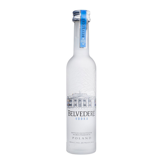 Belvedere Vodka 50ml comes in a clear, frosted glass bottle with a blue seal and palace illustration on the label. Distilled in Poland, it features a creamy texture and balanced finish.