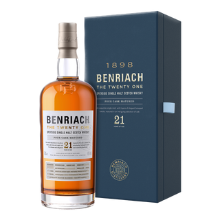 A bottle of Benriach The Twenty One Single Malt Scotch Whisky stands beside its blue box, both marked "21 years old," with gold and white text evoking notes of summer berries and honey smoke.