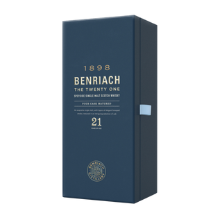 A dark blue rectangular box of Benriach The Twenty One Single Malt Scotch Whisky, labeled as 21-year-old and four cask matured, with gold and white text describing notes of summer berries and honey smoke. Established in 1898.