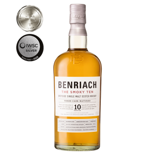 A bottle of Benriach The Smoky Ten Single Malt Scotch Whisky with a white label, offering smoked honey notes, shown with silver medals from the World Whiskies Awards 2020 and IWSC 2023.