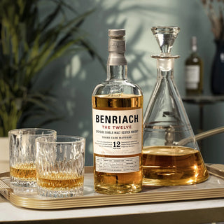 BenRiach whisky bottle with glasses and decanter on a tray