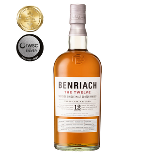 Benriach The Twelve whisky bottle with awards on a white background